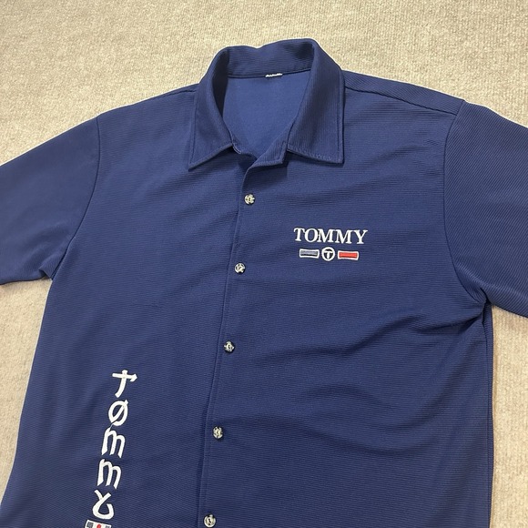 Tommy Hilfiger Bowling Shirt Mens Large Navy Blue Button Up Embroidered Logo - Picture 2 of 11